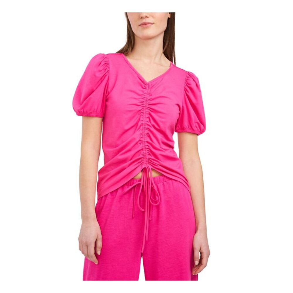 RILEY&RAE Womens Top Stretch Ruched Tie Short Sleeve V Neck